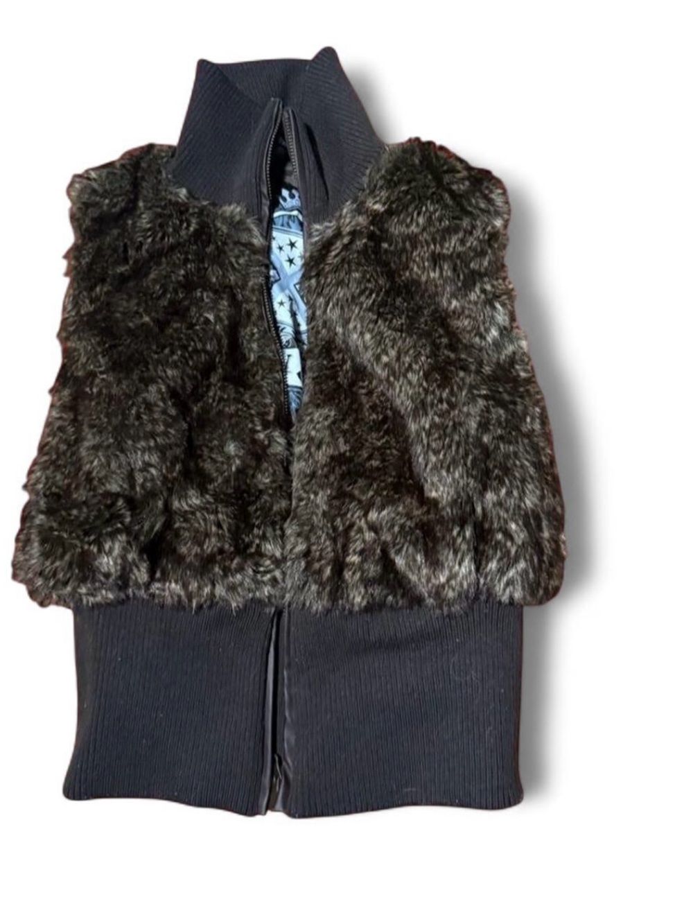 Jou Jou Black Faux Fur Vest with Ribbed Knit Hem